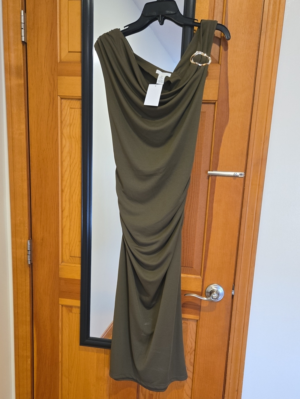 H&M Olive One-Shoulder Draped Dress with Gold Buckle